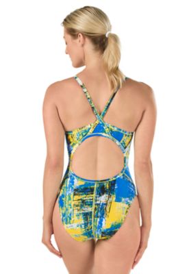 SPEEDO PowerFLEX Eco Splatter Chatter Flyback One Piece Swimsuit-Adult (Sapphire/Gold (977))